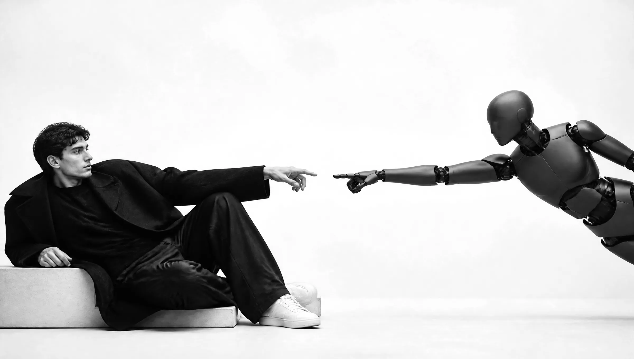 A man in a dark coat reclines on a plinth and reaches out; a humanoid robot reaches back, their fingertips almost touching.