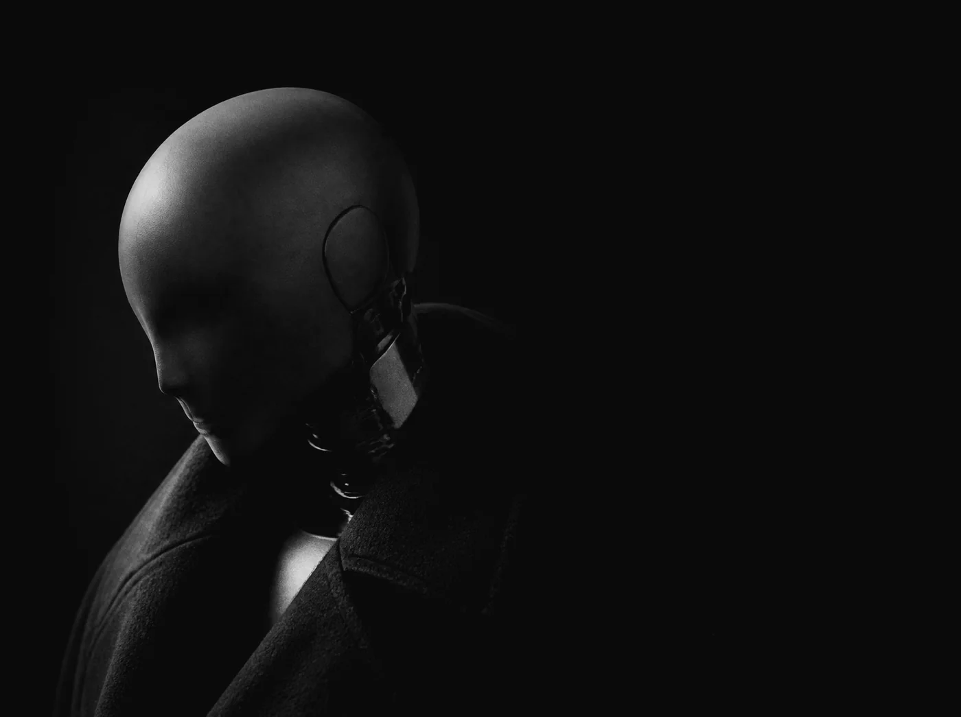 Close portrait of a dark robot in a wool coat with the collar up, head lowered in thought, lit from one side against black.