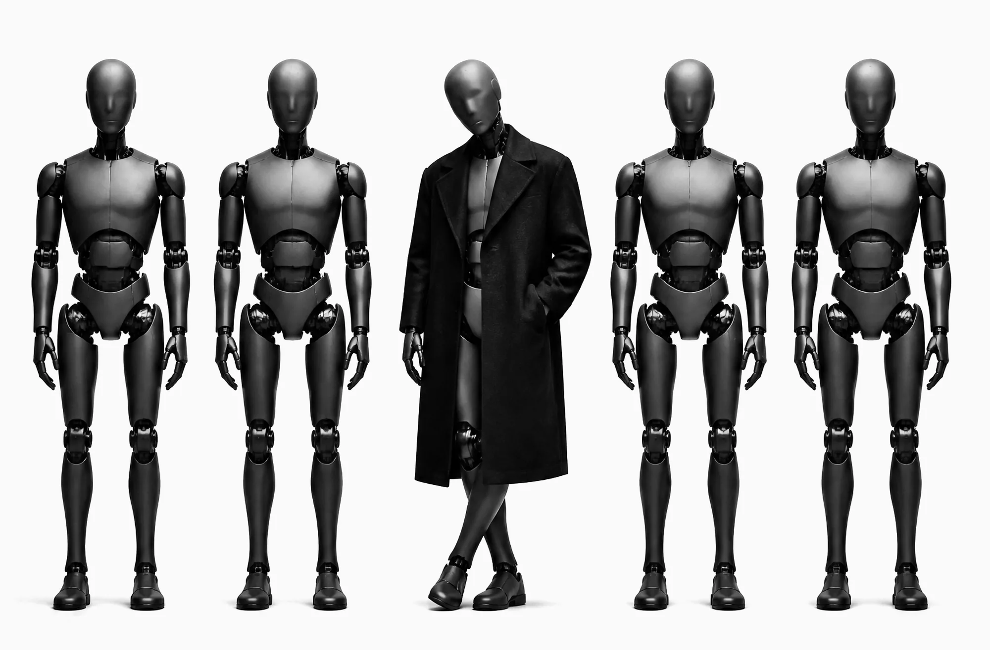 Five identical dark robots stand in a row. Four are rigid; the one in the middle wears a wool coat, legs crossed, hand in pocket, head tilted.